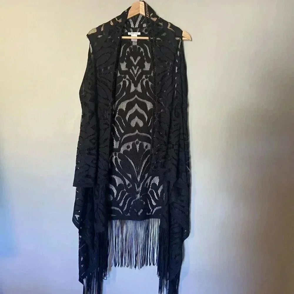 Moss Rose Black Mesh Boho Tassel‎ Kimono One Size Fringe Western Whimsigoth Maxi